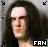 Pixelated portrait of a person with long dark hair and light skin, wearing a white headband, against a gray background with black corner symbols.