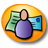 Pixelated circular icon with orange border showing a purple figure holding green and blue rectangular objects against yellow background.