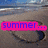 A beach scene with sand and ocean background, featuring multiple text overlays in various colors and fonts.