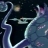 Pixelated image of a dark space scene with a large blue and white curved object resembling a ship's hull, a smaller circular object, and scattered light particles.