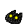 Four pixelated dark gray shapes with two yellow circular eyes each, arranged in a on light gray background