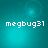 Pixelated text 'megbug31' in white on a teal background with subtle light effects.