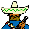 Pixelated character in sombrero and blue shirt holding a gun, with sequential animation showing weapon firing and recoil effects.