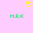 Yellow pixelated heart symbol above two green 'M.R.K' text blocks on light pink background.