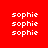 Red background with white text 'sophie' repeated in multiple , some highlighted with bright pink horizontal bars