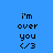 Blue background with black pixelated text 'i'm over you </3' in four , each showing different white rectangular overlays on the text