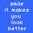 Blue background with white pixelated text reading 'smile it makes you look better' in three , where green rectangles highlight different words sequentially