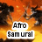 Pixelated image with fiery orange and yellow background, two dark silhouettes on sides, white text boxes containing 'Atto' above 'Samural'.
