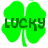 Green four-leaf clover with dark green text 'LUCKY' overlaid, displayed in three distinct pixelated states across a white background.
