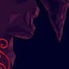 Pixel art of a cave interior with purple rock formations and red glowing line patterns, including spirals and circular motifs.