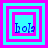 Four square display a pixelated 'hola' text with varying nested frame configurations in cyan and magenta colors