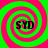 Four identical spiral patterns in green and pink with 'SYD' text at center, arranged in a on solid background