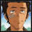 Pixelated anime-style character with brown hair and light skin, set against a blue sky background with green and white elements.