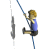 Animated sequence of a cartoon character with curly blonde hair climbing a blue rope against white background, showing sequential movement from left to right.