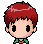 Pixel art contact sheet of three animated frames showing a chibi character with red hair and green clothing against gray background.