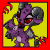 A 4x3 contact sheet of a purple cartoon demon character with red eyes, gray wings, and curved horns performing various poses against a yellow background with red accents.
