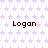 Static image with repeated text "Logan" over a patterned background of small purple stars on white.