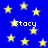 Blue background with yellow stars and repeated white text 'Stacy' in pixelated font.