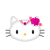 Pixelated white cat face with black eyes, orange nose, and pink flower accessory on gray background.