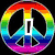 A circular rainbow peace symbol with black inner sections and a white vertical bar, displaying the text "I" in the center.