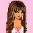 Pixel art contact sheet showing four frames of a cartoon woman with long brown hair in various poses and outfits against a pink background, each labeled with percentage-based personality descriptors.