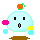 Six pixelated cartoon characters with light blue bodies, black square eyes, and brown bases display varying expressions and floating colored shapes.