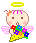 Pixel art angel baby with pink wings and yellow halo holding colorful flowers on a gray background, displayed in a 3x2 contact sheet of six animation frames showing closed eyes and open mouth expressions.