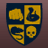 A pixelated crest with four quadrants on a dark brown background, featuring brain, skull, and abstract shapes in yellow and blue.