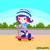Pixelated cartoon character with purple hair and blue-and-white striped hat rides pink scooter on sandy path with green trees and blue sky background.