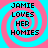Four identical pixelated text arranged in a , each displaying 'JAMIE LOVES HER HOMIES' over a pink and cyan spiral background