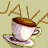 Pixelated image of a white teacup with brown liquid on a saucer, steam rising from the cup against a beige background.