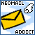 Yellow envelope with black outline, white cursor icon, and text 'NEOMAIL' and 'ADDICT' on light blue background with white clouds.
