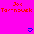 Pixelated red text displays "Joe" above and "Tarnnowski Tarnnowski" below on a bright pink background with two blue heart symbols at the bottom.