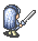 Pixelated character in blue armor with white sparkles, holding a silver sword and shield across four animation frames.