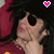 A person with long dark hair and a red shirt poses against a pink background, wearing sunglasses and holding their hand near their face.