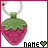 Pixelated strawberry-shaped keychain with green leafy top and pink body, attached to silver ring, displayed on white background with 'NAME' text and heart symbol.