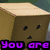 A four- pixelated animation of a cardboard box character with black dot eyes and mouth, transitioning through different poses and backgrounds