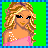 A 4-frame pixel art contact sheet showing a cartoon woman with blonde hair, blue eyes, and pink top across four panels: upper-left full face, upper-right torso/legs, lower-left legs/fashion, lower-right text "SEXY BLUE EYES" on green background.