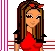 Pixel art of a female character with long brown hair and red bow, wearing red top and blue jeans; text reads "Girlie Girl" with pink stars.