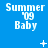 Blue background with repeated 'Summer '09 Baby' text in white pixelated font, featuring small white plus signs, stars, and dots scattered across the