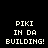 Four identical pixelated text display 'PIKI IN DA BUILDING!' in white block letters on alternating black and blue backgrounds