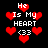 Pixelated red hearts and white text reading 'He Is My HEART <33' on a black background, with varying heart sizes and text positions.