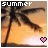 Pixelated summer scene with palm tree and sunset sky, featuring 'SUMMER' text at top left and a heart symbol in bottom right corner.
