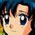 Pixelated close-up of a character's face with large blue eyes, dark hair, and a neutral expression against a dark background.