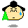 Pixelated cartoon character with black topknot hair, green shoulder covering, and blue tear on right cheek; mouth alternates between straight line and curved smile