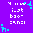 Purple background with white pixelated text reading "You've just been pwnd!" and cyan square-based geometric shapes scattered around the corners.