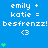 Blue background with repeated white text 'emily + katie = besfrenzz! <3' and green heart symbols in pixelated style.