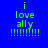 Green text on blue background reads 'i love ally' with multiple exclamation marks, showing animation variations in brightness and blur across four views.