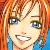 Pixelated close-up of a character with orange hair, blue eyes, and a blue top, smiling with visible teeth.