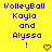 Yellow background with blue pixelated text reading "VolleyBall Kayla and Alyssa !" and red heart symbols below the exclamation marks.